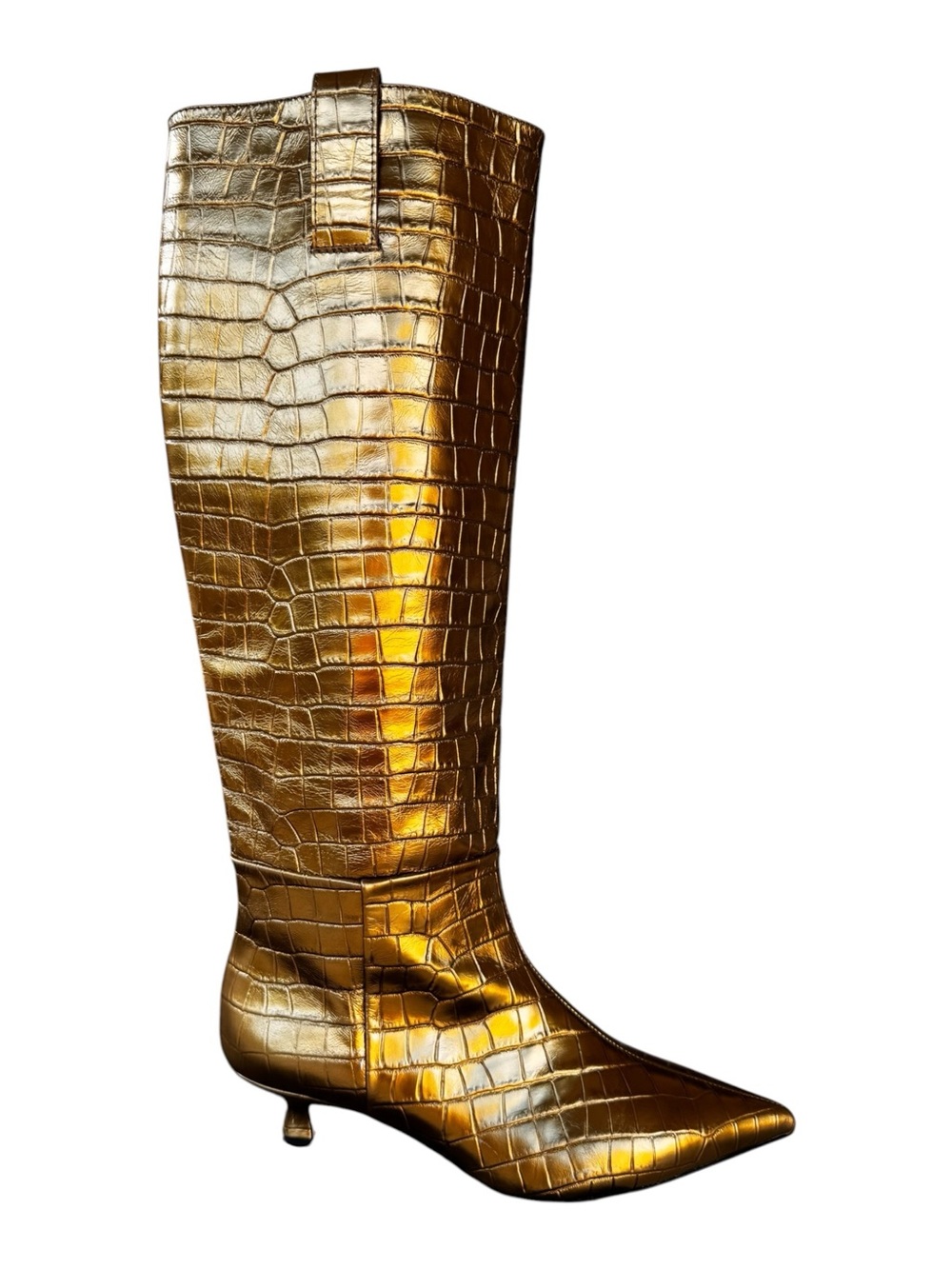 NWT L.K. Bennett London Gold Metallic Croc Embossed Leather Knee High Boots 7